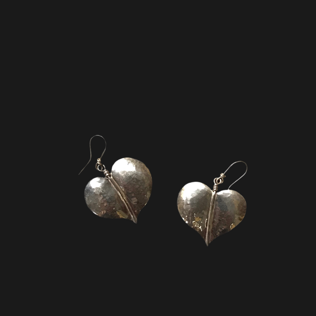Silver Beaten Heart Leaf Earrings