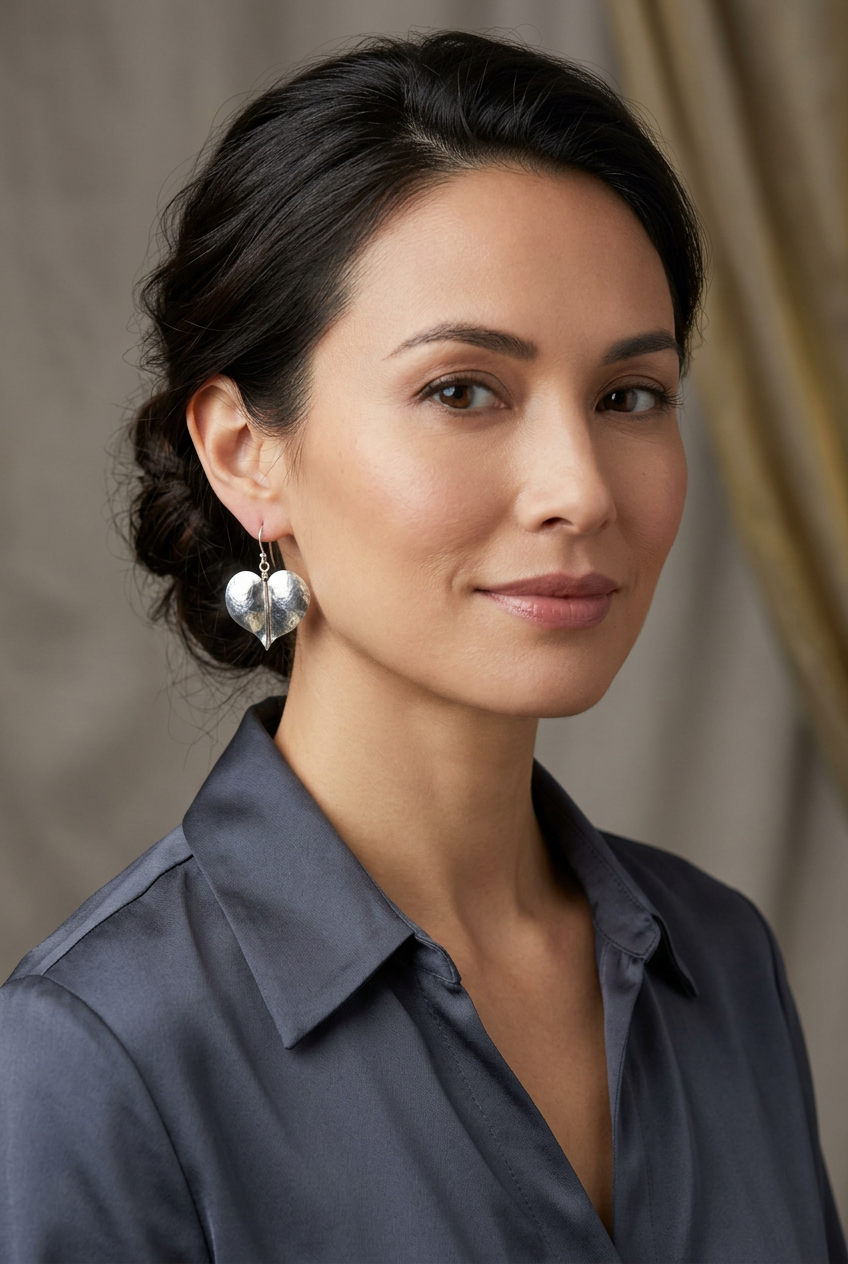 An elegant woman wearing the hammered silver heart leaf earrings