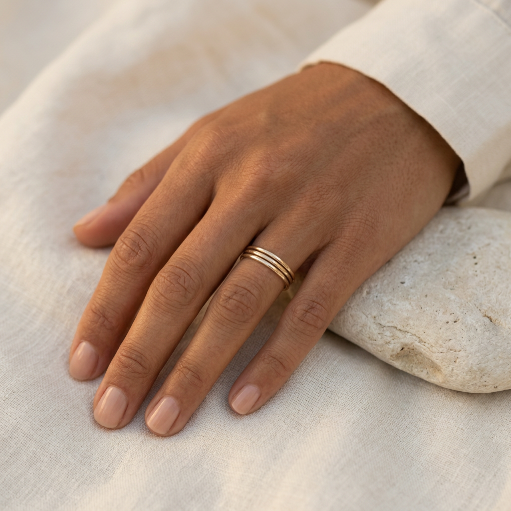 Gold stacking rings on an elegant suntanned hand