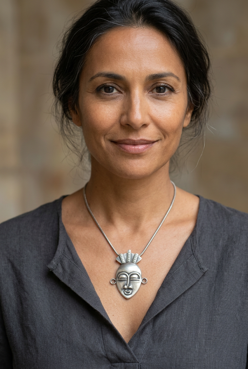 Silver repoussé mask pendant on an elegant creative woman