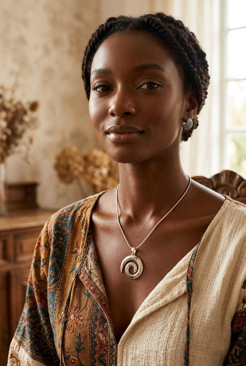 The silver swirl pendant worn by a tall, elegant woman with deep brown skin