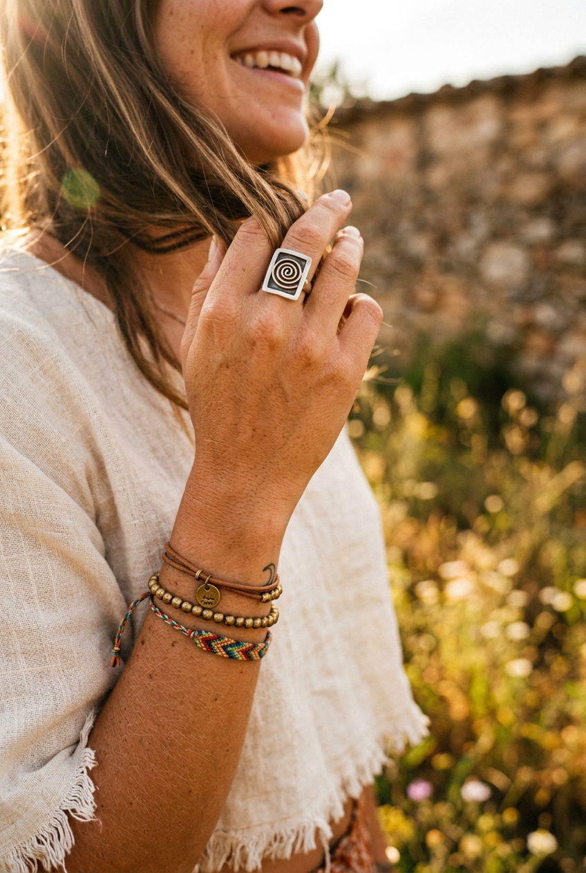 The swirl ring worn on a happy, sun-kissed young woman's hand, close-up with a single hand