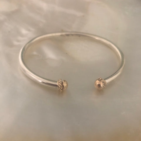 Stunning Open Unisex Bangle Handmade in Solid Silver with Gold Ends