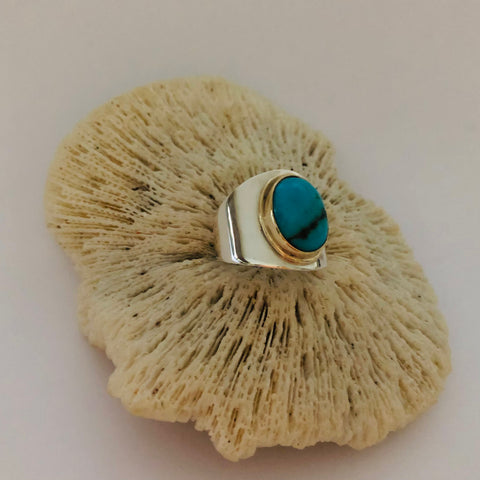 Ring Turquoise set in Gold on wide Silver band