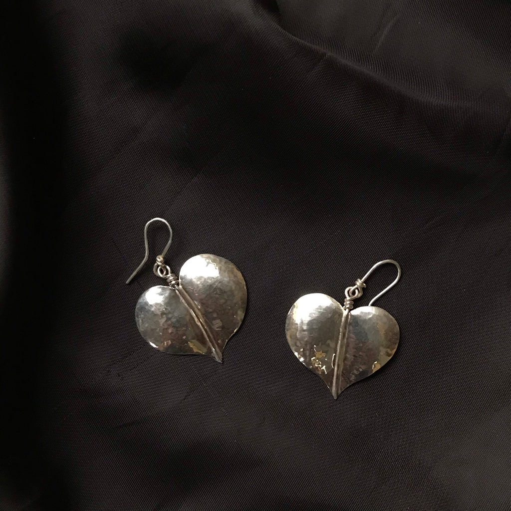 Silver Beaten Heart Leaf Earrings
