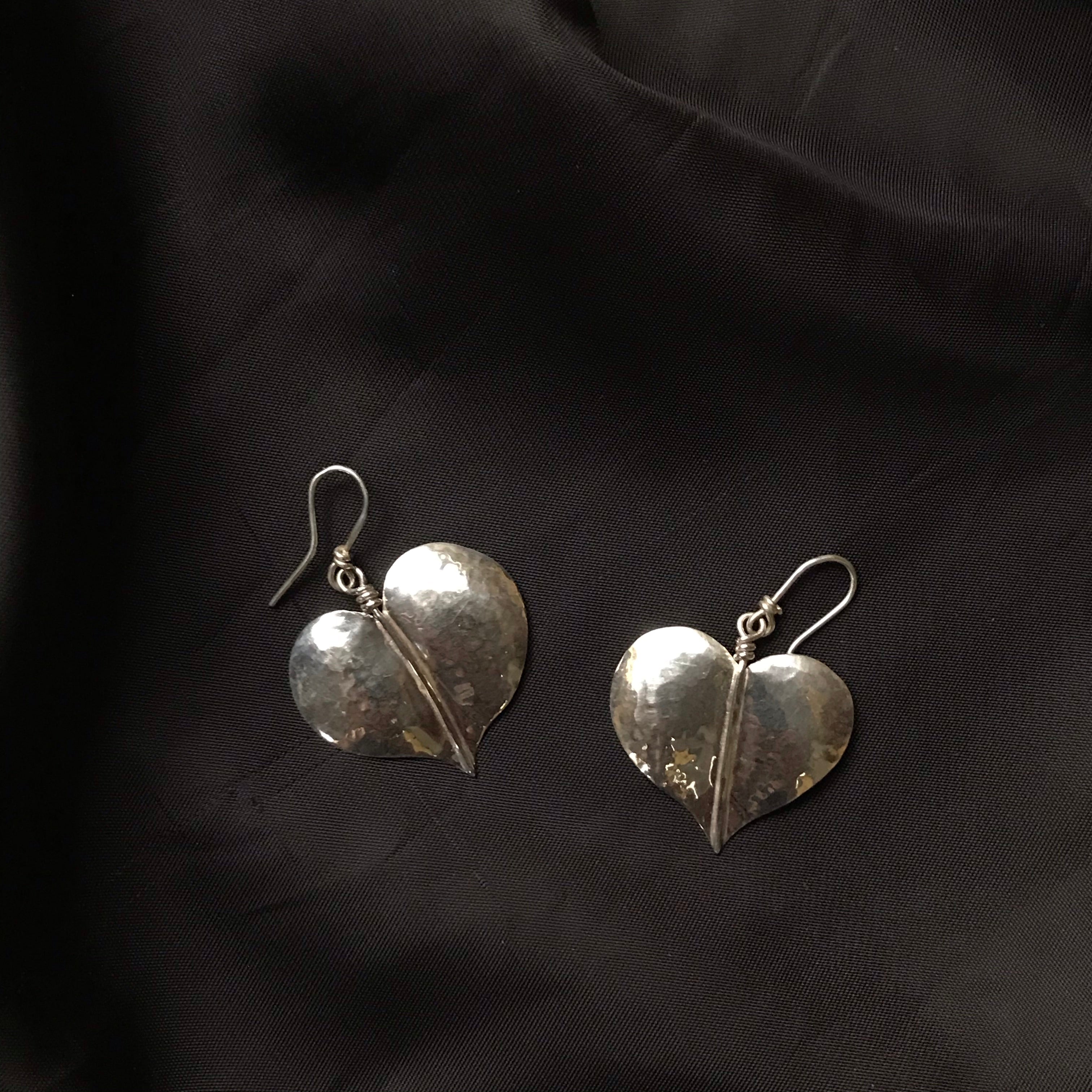 Silver Beaten Heart Leaf Earrings