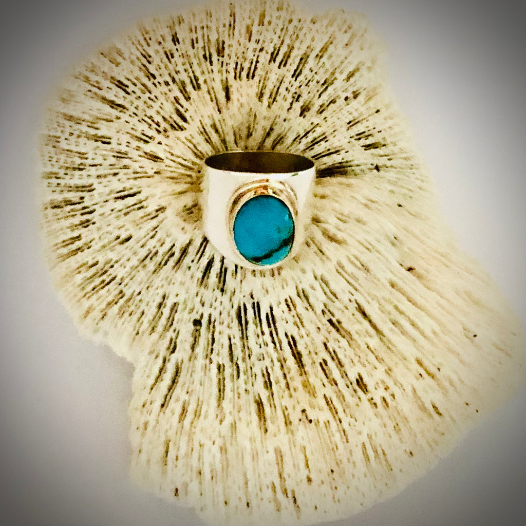 Ring Turquoise set in Gold on wide Silver band