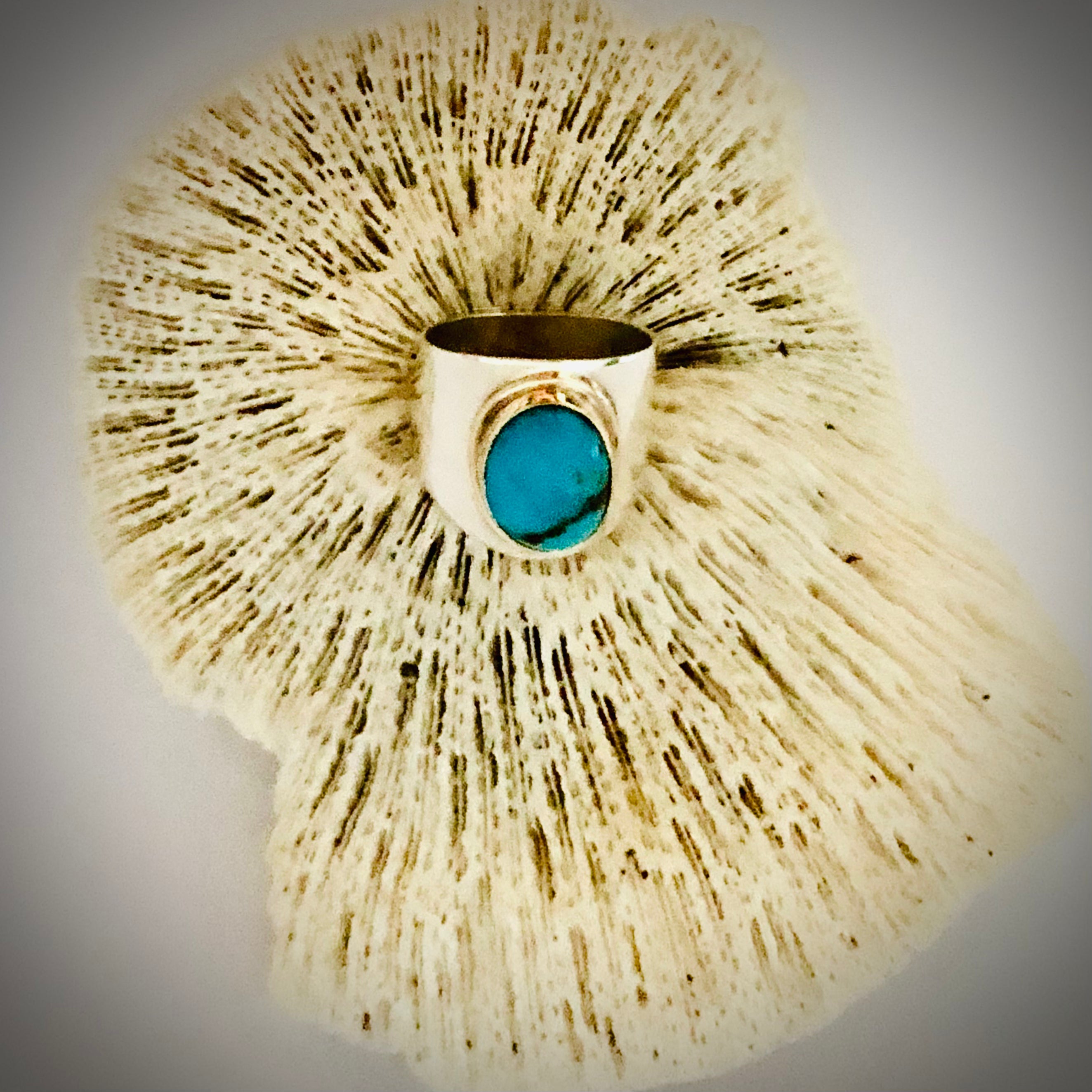 Ring Turquoise set in Gold on wide Silver band